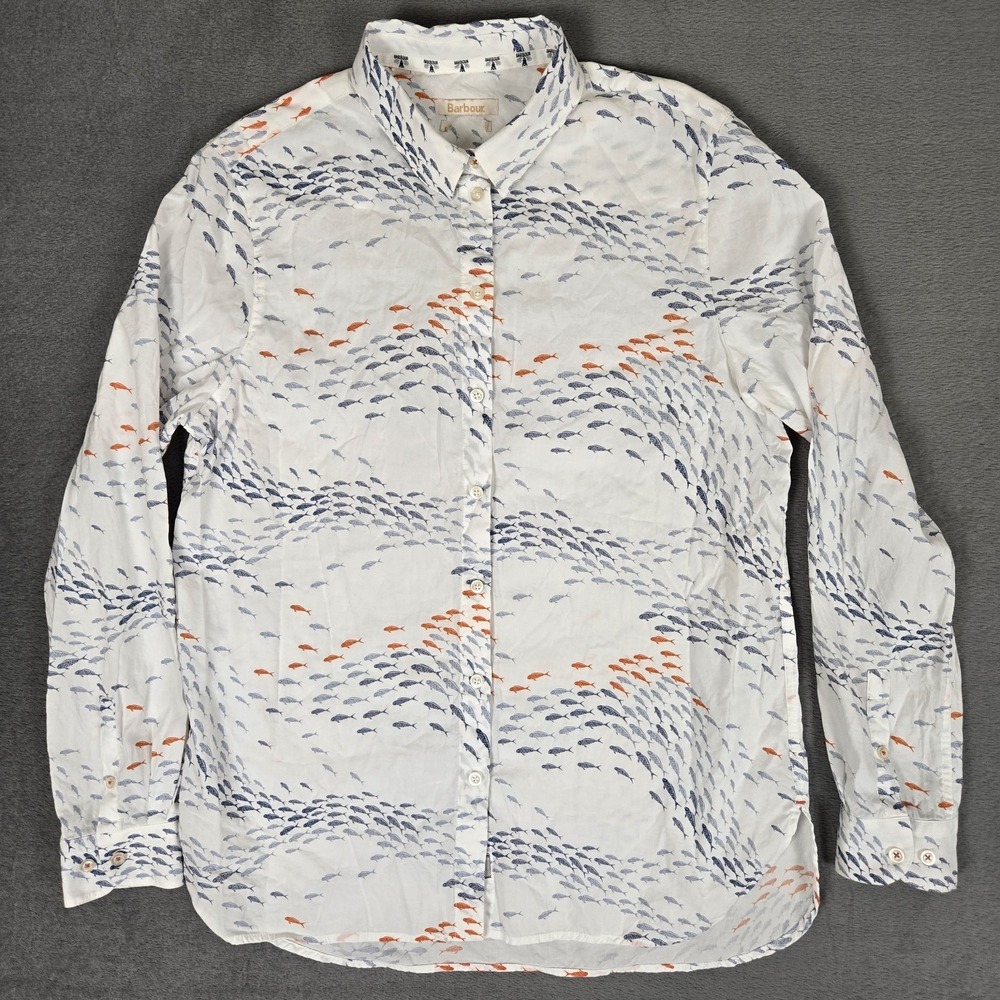 Barbour Shirt Womens Large Ivory Fish Print Pebble Relaxed Fit Blouse Button Up
